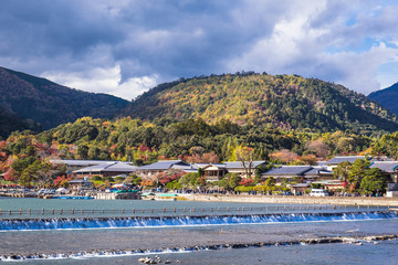 Fototapeta na wymiar Arashiyama mountain and Katsura river in Kyoto, Japan.
