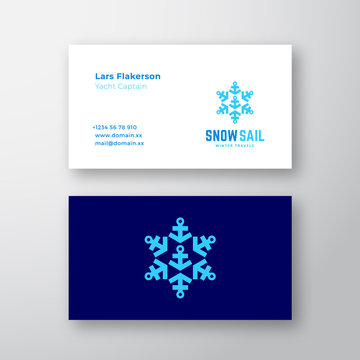 Snow Sail Winter Travels Abstract Vector Sign or Logo and Business Card Template. Snowflake Symbol made of Anchors. Premium Stationary Realistic Mock Up.