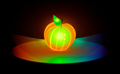 glowing apple on the fluorescent transparent plate