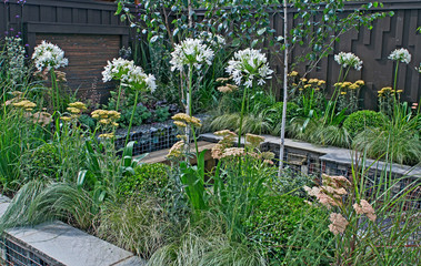 A small courtyard garden with seating and mixed planting including Agapanthus, Grasses  and Achillea