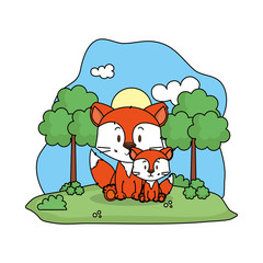 cute fox family in the landscape
