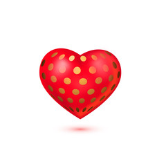 Red 3d heart with golden dots isolated on white background. Vector illustration for banner, lettering, invitation, poster, web. St. Valentine's day concept.
