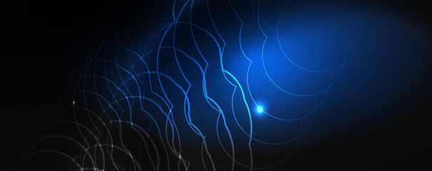 Shiny neon techno template. Neon lines background, 80s style laser rays
