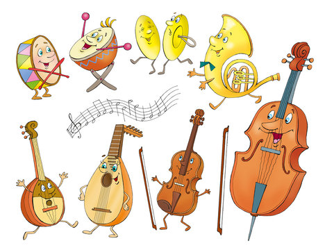 Funny musical instruments in cartoon style. Isolated on white background.  Stock Illustration | Adobe Stock
