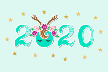 Vector Illustration 2020 with Deer Tiara and eyes as Happy New Year postcard, party invitation, postcard motive, Merry Christmas card.