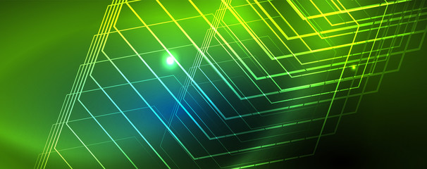 Obraz premium Neon glowing techno lines, hi-tech futuristic abstract background template, vector