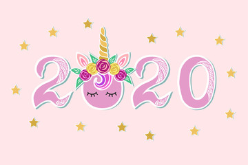 Vector Illustration with 2020, Unicorn Tiara and eyes as Happy New Year postcard, party invitation, postcard motive, Merry Christmas card.