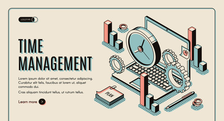 Time management landing page. Laptop with office gears and watches, task prioritizing, organization for effective productivity. Optimization planning time isometric vector illustration line art banner