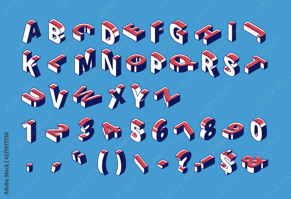 Fototapete Isometric alphabet, numbers and punctuation with halftone dotted pattern standing and lying in raw on blue background. Abc letters, typography 3d elements, signs, symbols Vector illustration, line art