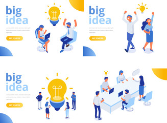 Fototapeta na wymiar Isometric business people with big Light Bulb Idea. People working together on new Project. Creativity, Brainstorming, Innovation concept. Flat Vector illustration. 