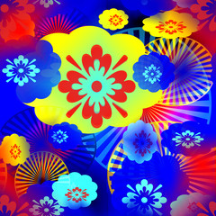 Fototapeta na wymiar Seamless abstract pattern of multicolored geometric and floral elements.