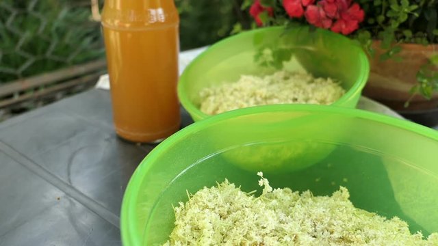 Prepare elder berry flower heads to making jam of it. Bottles of apple juice