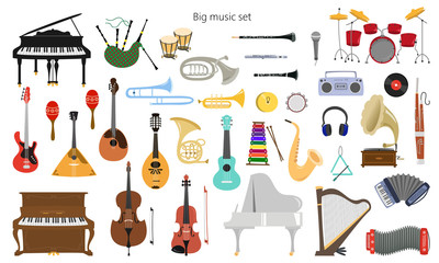 Set of musical instruments on the white background.