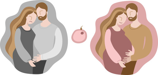 A set of images of three pictures. A sad infertile couple and a happy pregnant couple.