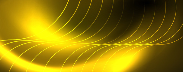 Bright neon circles and wave lines, glowing shiny background design template, digital techno concept.