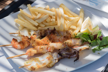 Squid skewers close up