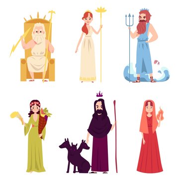 Set of male and female ancient Greek or Roman Gods and Goddesses cartoon style
