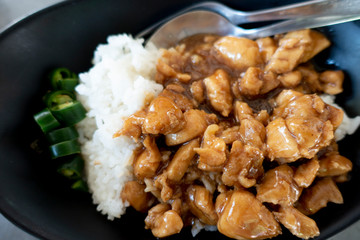 Chicken with sauce over rice