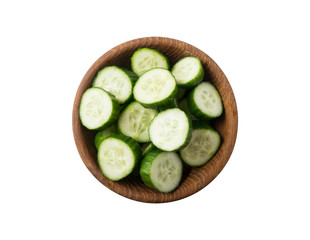 Fresh сucumbers in wooden bowl isolated on white background. Top view. Cucumbers with copy space for text.