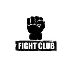 fight club vector logo or label with grunge black man fist isolated on white background. MMA Mixed martial arts concept design template. Fighting club label for print on tee