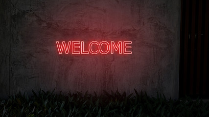 Welcome neon text on the loft wall with plants