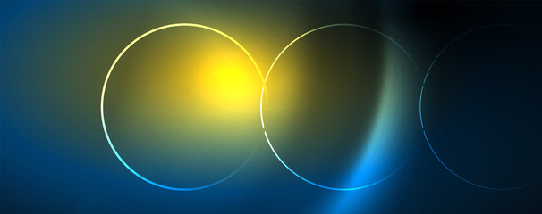 Trendy neon blue abstract design with waves and circles. Neon light glowing effect. Abstract digital background.