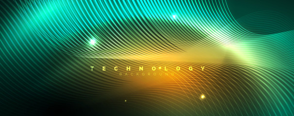Shiny neon lines template - northern lights glowing blur lines. Futuristic style glow neon 80s disco club or night party techno template