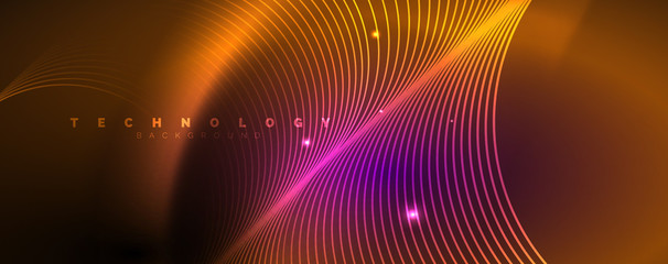 Fototapeta na wymiar Shiny neon lights, dark abstract background with blurred magic neon light curved lines