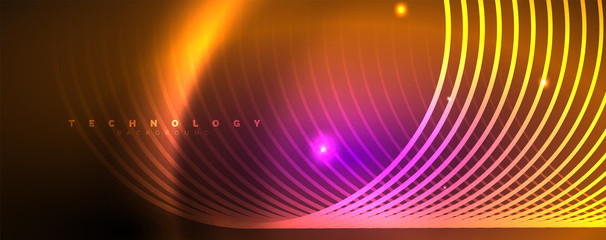 Shiny neon lights, dark abstract background with blurred magic neon light curved lines