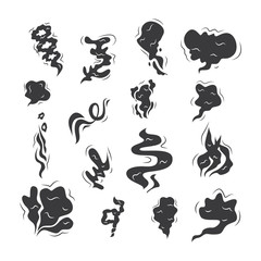 Set of smoke cloud shapes, black symbols for smog and air pollution