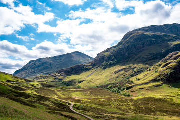 Panoramic view of the Three Sisters of Glencoe, Scotland, UK.