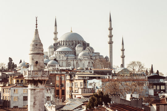 The roof of the Grand Bazaar, Suleymaniye Mosque in Istanbul, Turkey. View of the mosque with minarets. Istanbul panorama