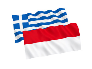 National fabric flags of Greece and Indonesia isolated on white background. 3d rendering illustration. 1 to 2 proportion.