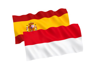 National fabric flags of Indonesia and Spain isolated on white background. 3d rendering illustration. Proportion 1:2