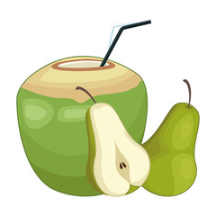 Coconut cocktail and pear half cut cartoon