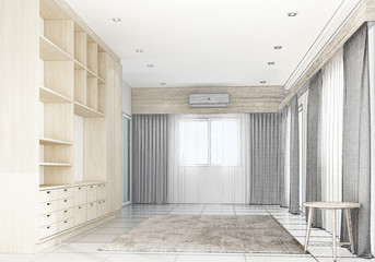 Fototapeta premium Sketch living area with wooden cabinet built-in. mock up, 3d rendering