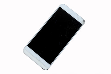 Smart phone with broken screen on white background