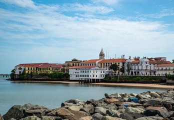 Fototapeta premium Panama, city, sea, karibic, america, old, sky, tourism, church, cathedral, history, panorama, middle, travel, water, town, castle
