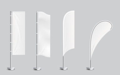 A set of four blank promotional feather flag stand banners mockup vector.
