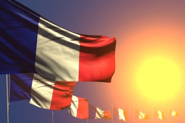 cute labor day flag 3d illustration. - many France flags on sunset placed diagonal with selective focus and space for content