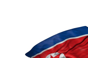 nice North Korea flag with big folds lying in bottom right corner isolated on white - any holiday flag 3d illustration..