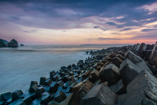 Flood defenses on beach, Pancer Beach, Indonesia