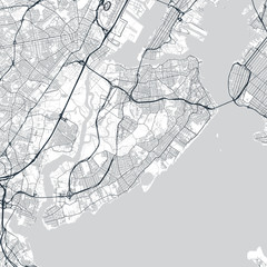 Staten Island map. Light map of Staten Island borough (New York, United States). Highly detailed map of Staten Island with water objects, roads, railways, etc.