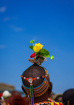 Rendille tribeswoman wearing traditional headdress and jewellery, Turkana lake, Loiyangalani, Kenya