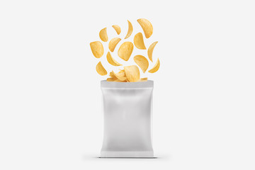 Potato Chips and pack. Packaging of Chip on white background. Chips flying out from bag isolated on...