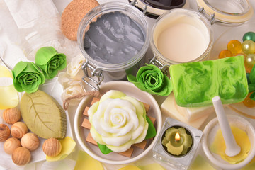 Various bath accessories soap cream