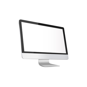 Modern computer monitor with blank white screen - realistic 3D mockup. Silver PC with empty flat display
