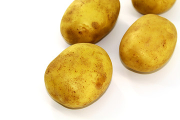 Four young fresh potatoes washed on white background