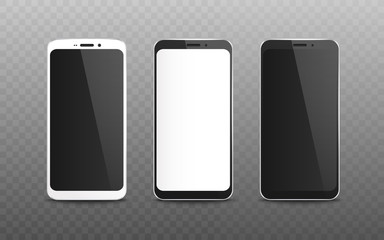 Set of realistic blank screen and display of black and white mobile phone.