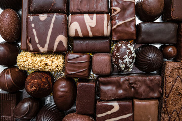 Сhocolate candy set. Various sweet candies. Sweet desserts. Top view.
